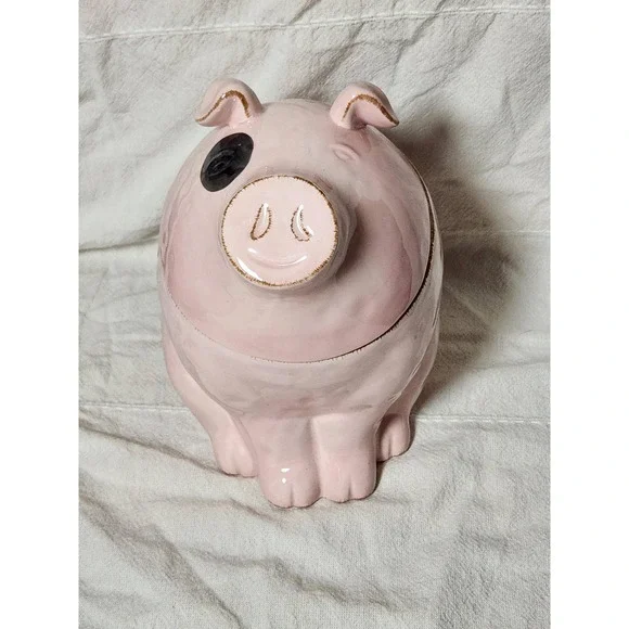 Pink Ceramic Pig Cookie Jar Hand Painted Spotted Farmhouse Kitchen Decor 9.5in