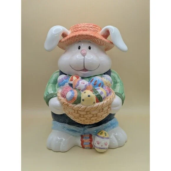 CKA Ceramic Easter Bunny Cookie Jar Vtg Rabbit Holding Basket Eggs Straw Hat *