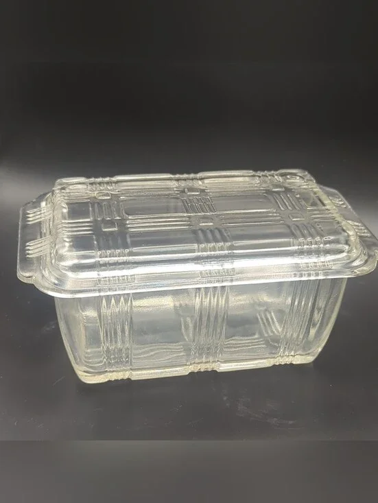 Clear Vintage Glass Refrigerator Dish with Lid - Transparent Basketweave