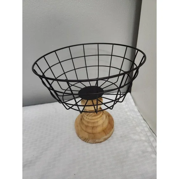 Modern Farmhouse Black Wire Basket with Natural Wood Pedestal Base Fruit Bowl