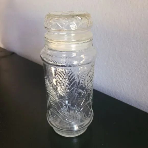 Vintage 1982 Planters Mr Peanut Glass Jar Canister Wheat Stalk Pattern Lid 8.5