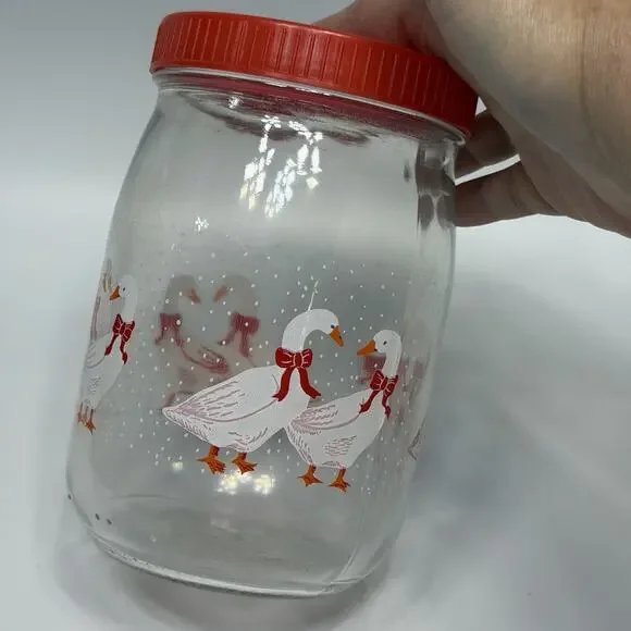 Vtg Country Goose Glass Canister Jar Red Christmas Farmhouse Kitchen Cottage 6.5