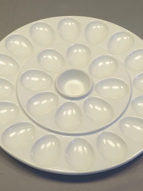 White Ceramic Deviled Egg Platter with Central Dip Bowl