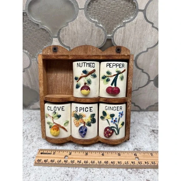 Vintage Japan Ceramic Spice Shaker Set with Wood Rack Fruit Floral 5 Piece MCM