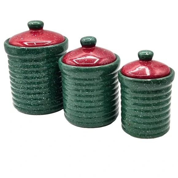 Green Speckled Canisters with‎ Red Lids Set of 3 Farmhouse Rustic Retro VINTAGE