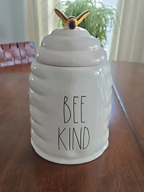Rae Dunn White Bee Kind Ceramic Jar with Gold Bee Lid Accent