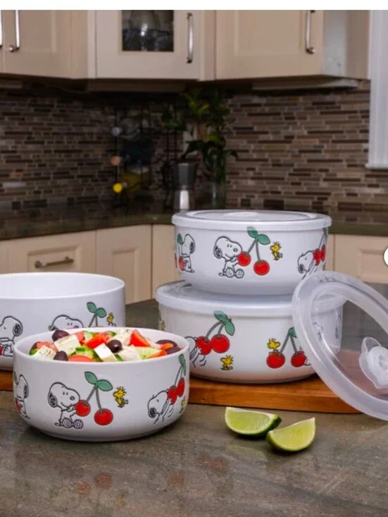 Peanut Ceramic Food Storage Bowls 4 Bowl With Venting Lids Set