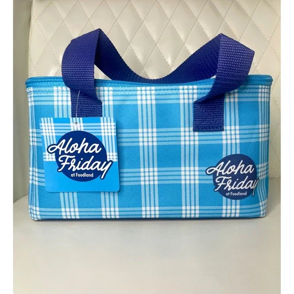 Aloha Friday at Foodland Blue Plaid Insulated Lunch Bag Cooler Tote NWT