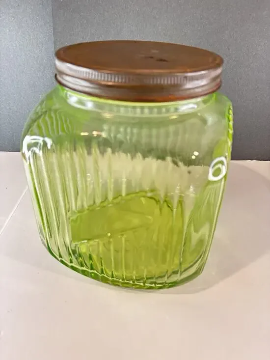 1930s Uranium Vaseline Glass Hoosier Style Canister Jar Ribbed UV Glow Lid
