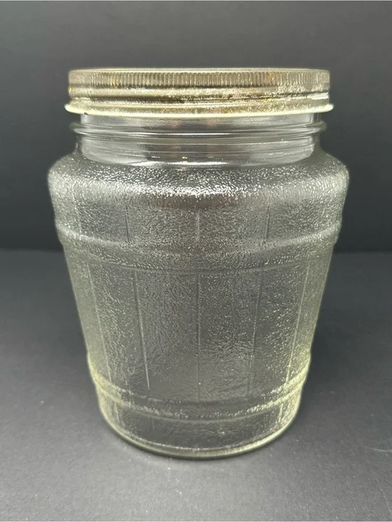 Vintage Ball Jar Textured Clear Glass Barrel with‎ Tin Lid Embossed 2863 A1