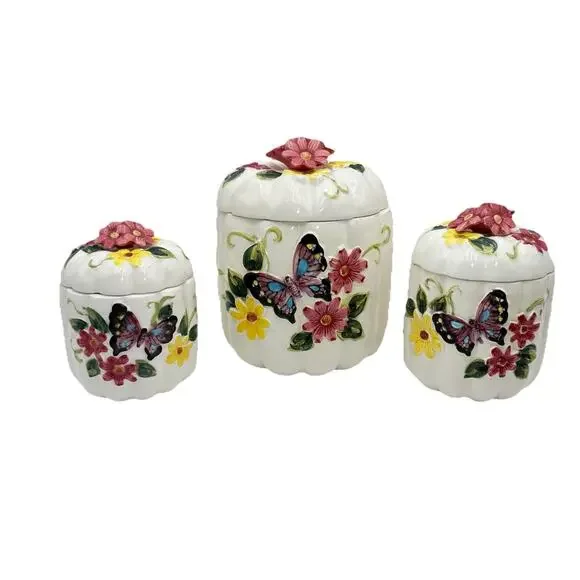 Butterfly Flower 3D White Pumpkin MCM Canister Set 1950s Cottagecore Floral VGC‎