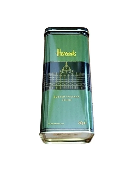 Harrods Knightbridge Butter Sultana Collectible Cookie Tin, Dark Green/Black