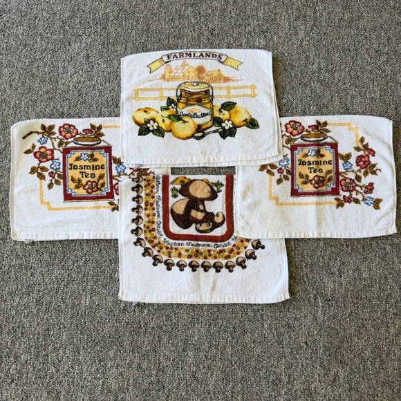 Vintage Kitchen Towels Terry Mushroom Jasmine Tea Farmhouse Cottagecore Lot of 4