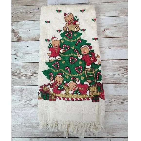 Cecil Saydah 100% Cotton Christmas Tree Kitchen Fringe Towel Teddy‎ Bears Holly