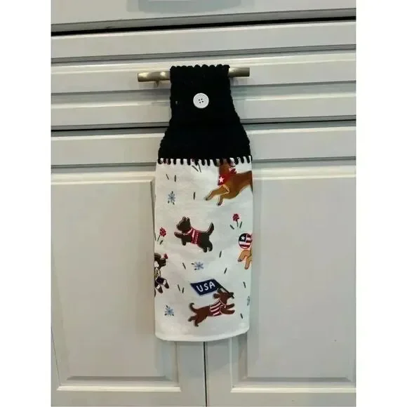 Crochet Top Kitchen Towel- Patriotic dogs