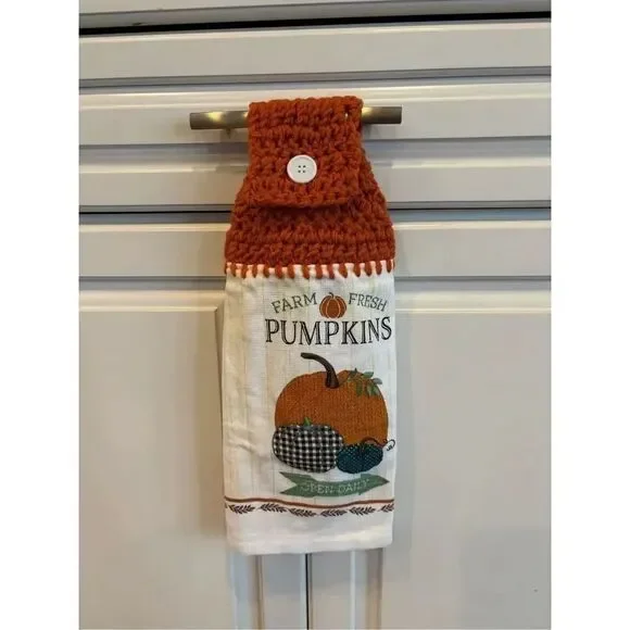 Crochet Top Kitchen Towel-Farm fresh pumpkin open daily white button