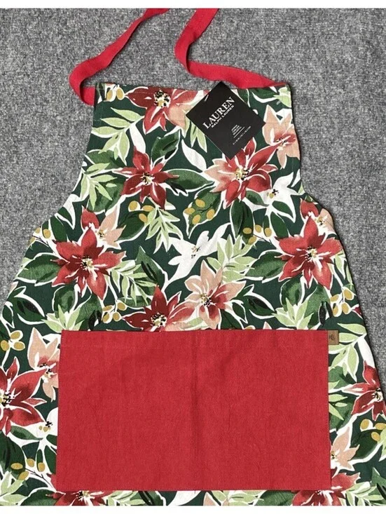 Ralph Lauren Black Label Kitchen Apron Poinsettia Holiday Christmas