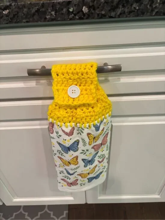 Crochet Top Kitchen Towel- small butterflies/yellow topper