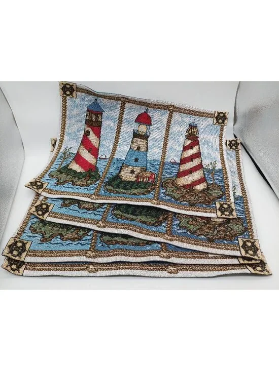 Lighthouses Tapestry Placemats 13”x 18” Blue Nautical Theme Set Of 4