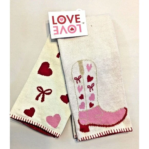 Love Boots Hearts Bows Kitchen Towels Pink Red Cream Cotton Red Edging 2-Pc NEW