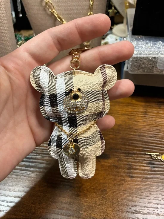 Plaid Teddy Bear Keychain Charm in Beige