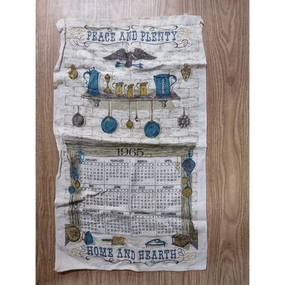 Vintage 1965 Calendar Tea Towel 100% Linen Peace Plenty Home Hearth Made in USA