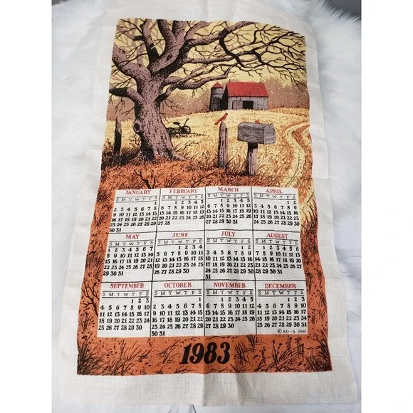 Vintage Retro‎ 1983 Calender Tea Towel FALL Autumn Barn Farm Kitchen Cottagecore