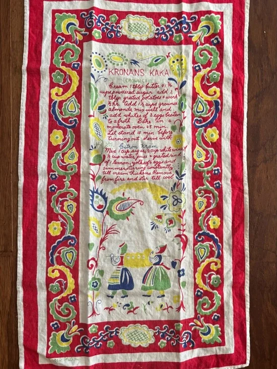 Vintage Carrie Wilson Linen Tea Towel Kaka Swedish Crown Cake Recipe MCM