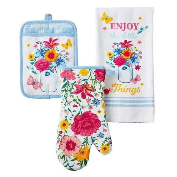 Pioneer Woman Flowering Frontier Kitchen Towel Oven Mitt Potholder Blue Cotton