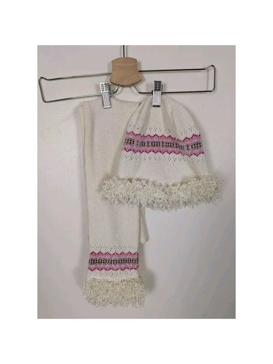 Y2k Airport Clothing Company Girls Scarf And Hat Set Chenille Cream Pink
