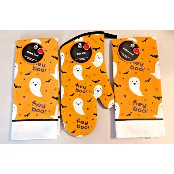 Hey Boo Kitchen Towels Oven Mitt Ghosts Bats Orange White Black 3-pc Polyester