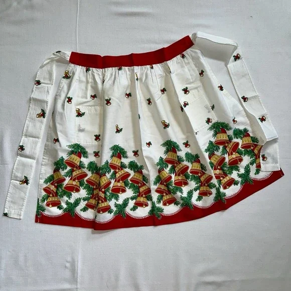 Vtg MCM Christmas Half Apron 1950s Holly Berry Festive Bells 21.5