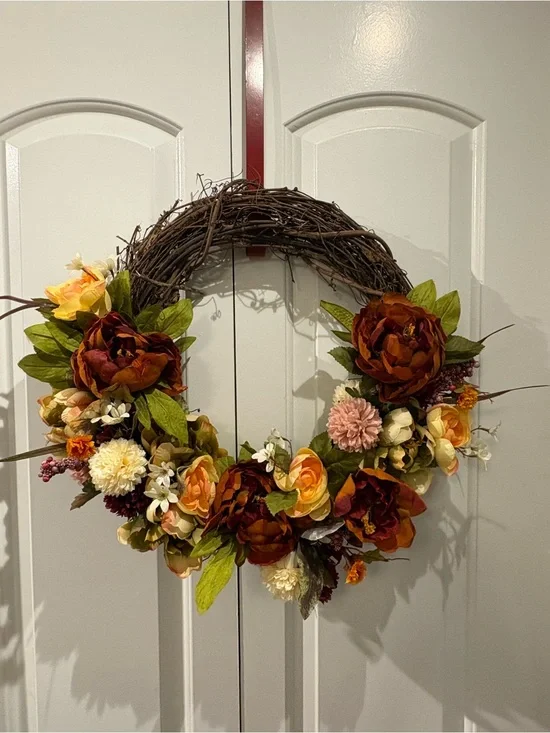 Autumn Floral Grapevine Wreath in Burgundy and Orange