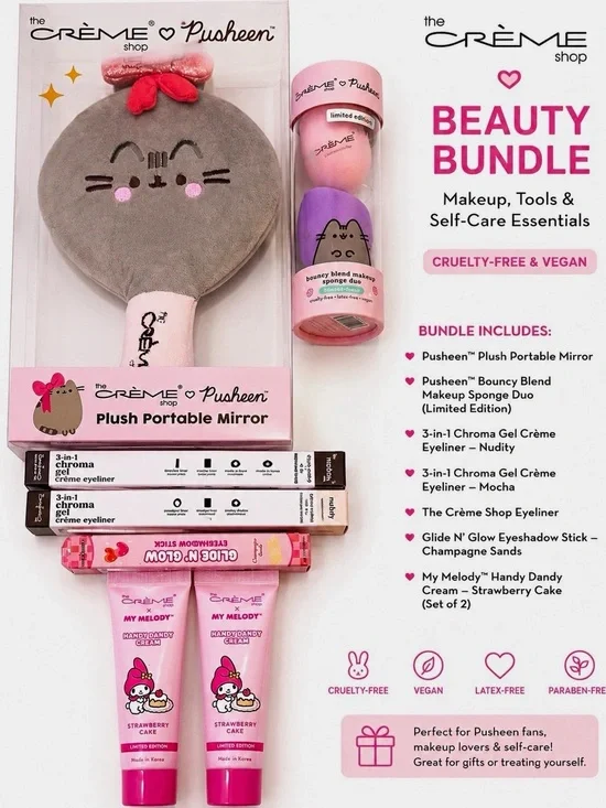 10 Pieces Crème Pusheen My Melody Beauty Bundle Mirror Makeup Sponge Eyeliner