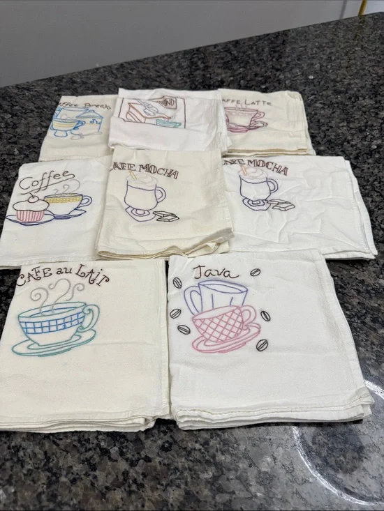 Embroidered cotton flour sack Coffee Kitchen Towels - White (Set) cheesecloth NE