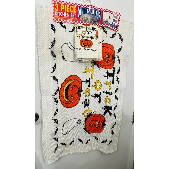 Vintage Halloween Kitchen Set NWT 80s Cindis Kitchen Rug Towel Dishcloth Kitsch