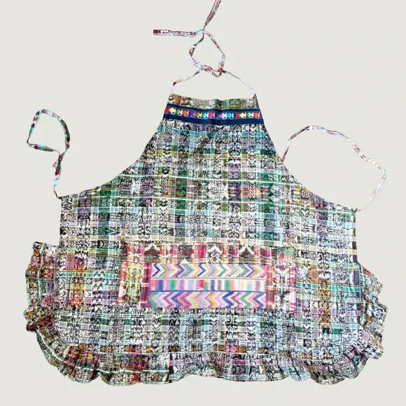 Womens Guatemalen Handmade Multicolor Ikat Embroidered Boho Folk Ruffle Apron OS