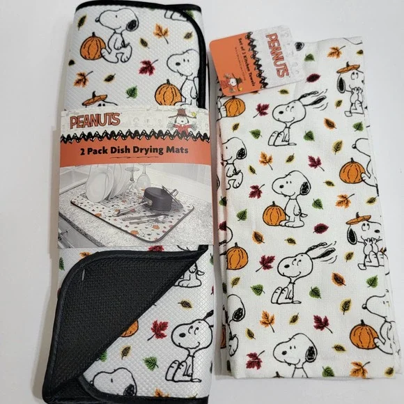 NEW Peanuts Snoopy Kitchen Set Fall Pumpkins 4pc Drying Mats and Kitchen Towels