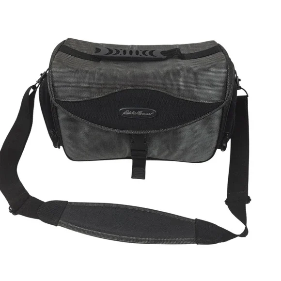 Vtg 90s Eddie Bauer Camera Shoulder Bag Black/Gray Nylon Lg 14x7x7 w Pockets