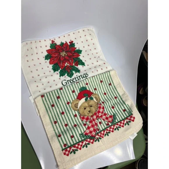 Vintage Christmas‎ holiday hand towels tea towels retro poinsettia teddy bear