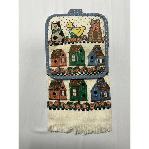 Vintage Home Sweet Home Birdhouse and Cat Themed Kitchen Towel and Pot Holder