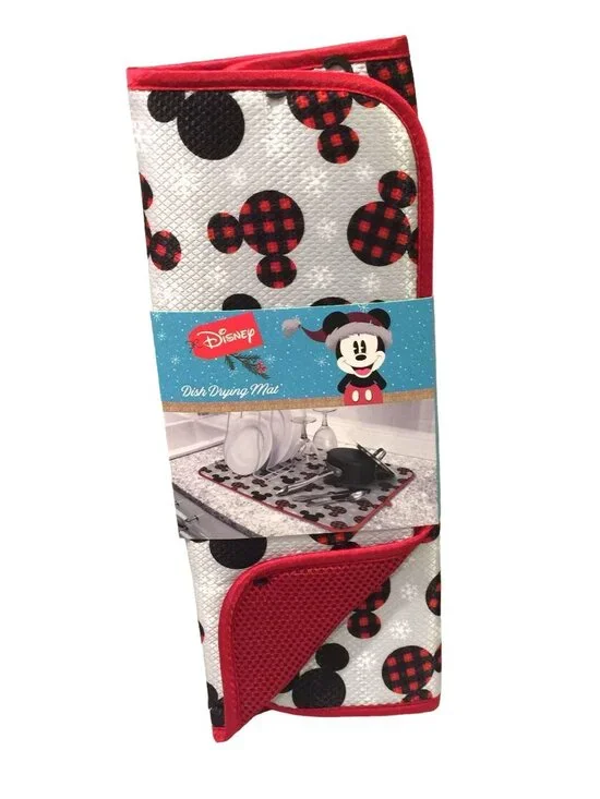 Disney Mickey Mouse Buffalo Plaid Gray Shiny Snowflake Background Dish Drying Ma
