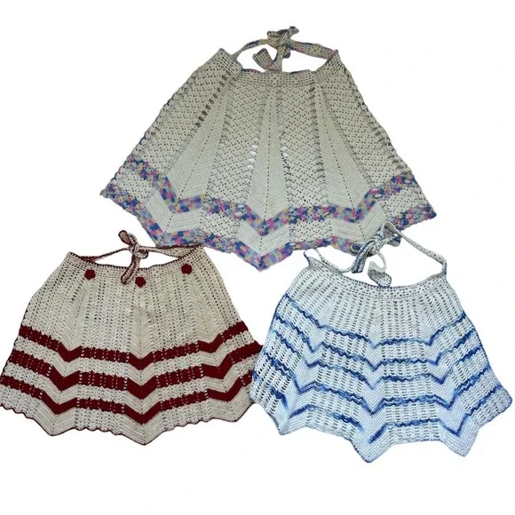 Handmade Vintage Cottagecore Crochet Aprons Set of 3 One‎ Of A Kind0