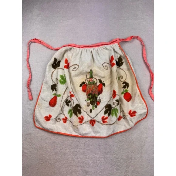 Vintage Cannon Terry Cloth Half Apron Fruit Grapes Leaves Retro Kitchen White