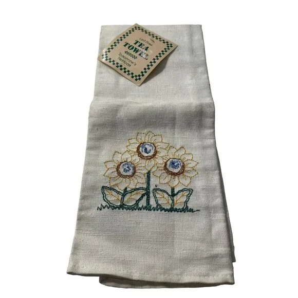 NOS Vintage Lint Free‎ Hand Tea Towel Embroidered Floral Sunflower Tan Beige