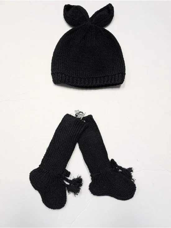 Kate Quinn Organic Cotton WLFA Black Bunny Ear Hat & Tall Booties Sweater Knit