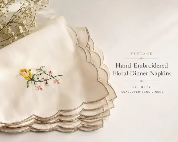 Vintage Hand Embroidered Floral Dinner Napkins Set 12 Scalloped Linen