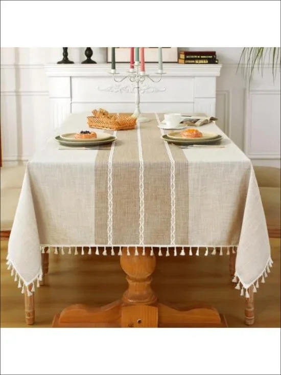 Cotton Linen Tablecloth Waterproof Washable Tassel Fringe Rectangle 55x86