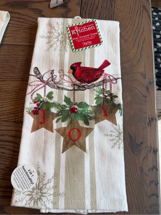 Dual Purpose Towel - White with Red Cardinal 'JOY' Design