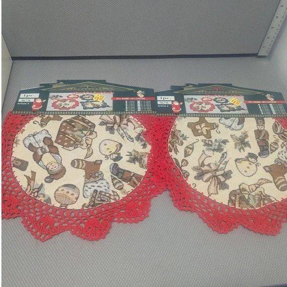 Set of 2 Vintage Christmas Tapestry Doilies Red Crochet Lace 14